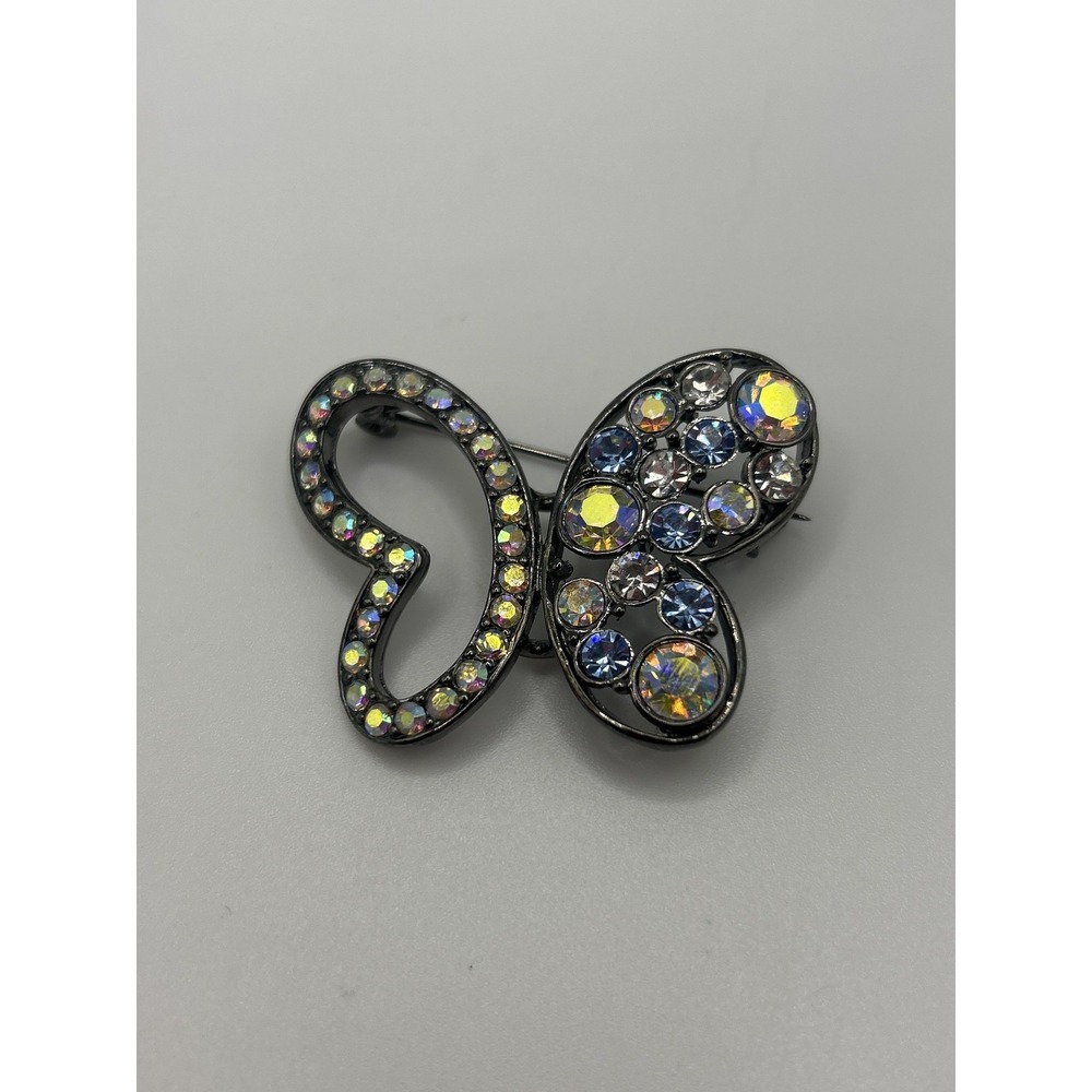 Lia Sophia‎ Butterfly Heart Brooch Pin Gunmetal Aurora Borealis Rhinestone